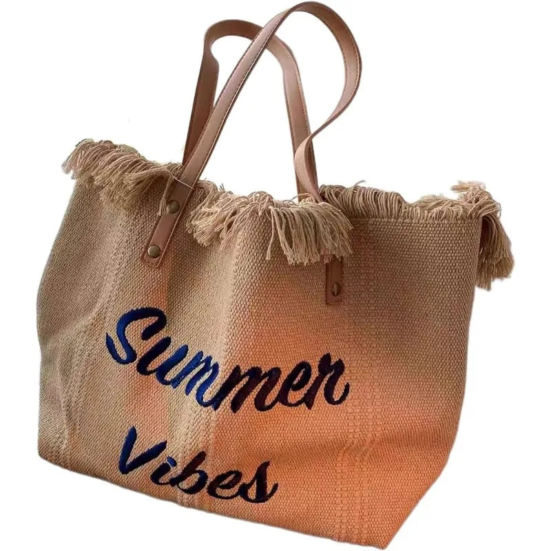 sac main toile vert olive rose beige clair franges été pliable durable haute qualité