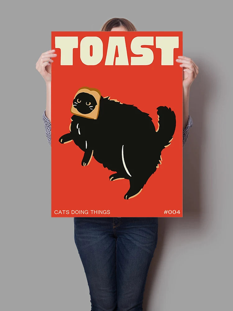 affiche murale toile chat noir toast illustration humoristique moderne décoration chambre fond rouge minimaliste