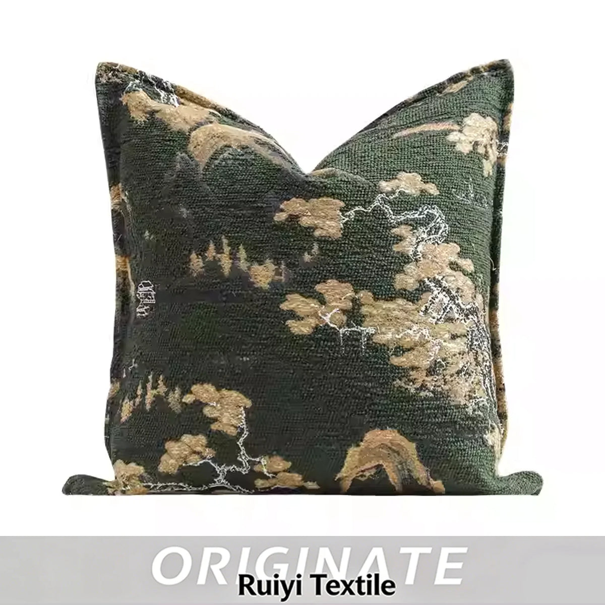 housse coussin carré motif floral vintage vert foncé beige 50x50cm polyester machine lavable écologique