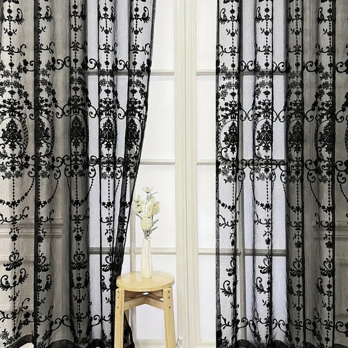 rideau dentelle noir blanc broderie florale classique semi transparent anneaux tringle salon