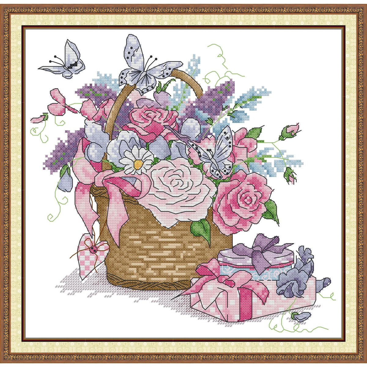 kit broderie fleurs papillons rubans coton multicolore artisanal toile imprimée 14ct peinture pliée guide