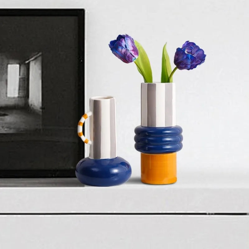 vase décoratif moderne bleu blanc orange lisse texturé géométriquebranches fleurs
