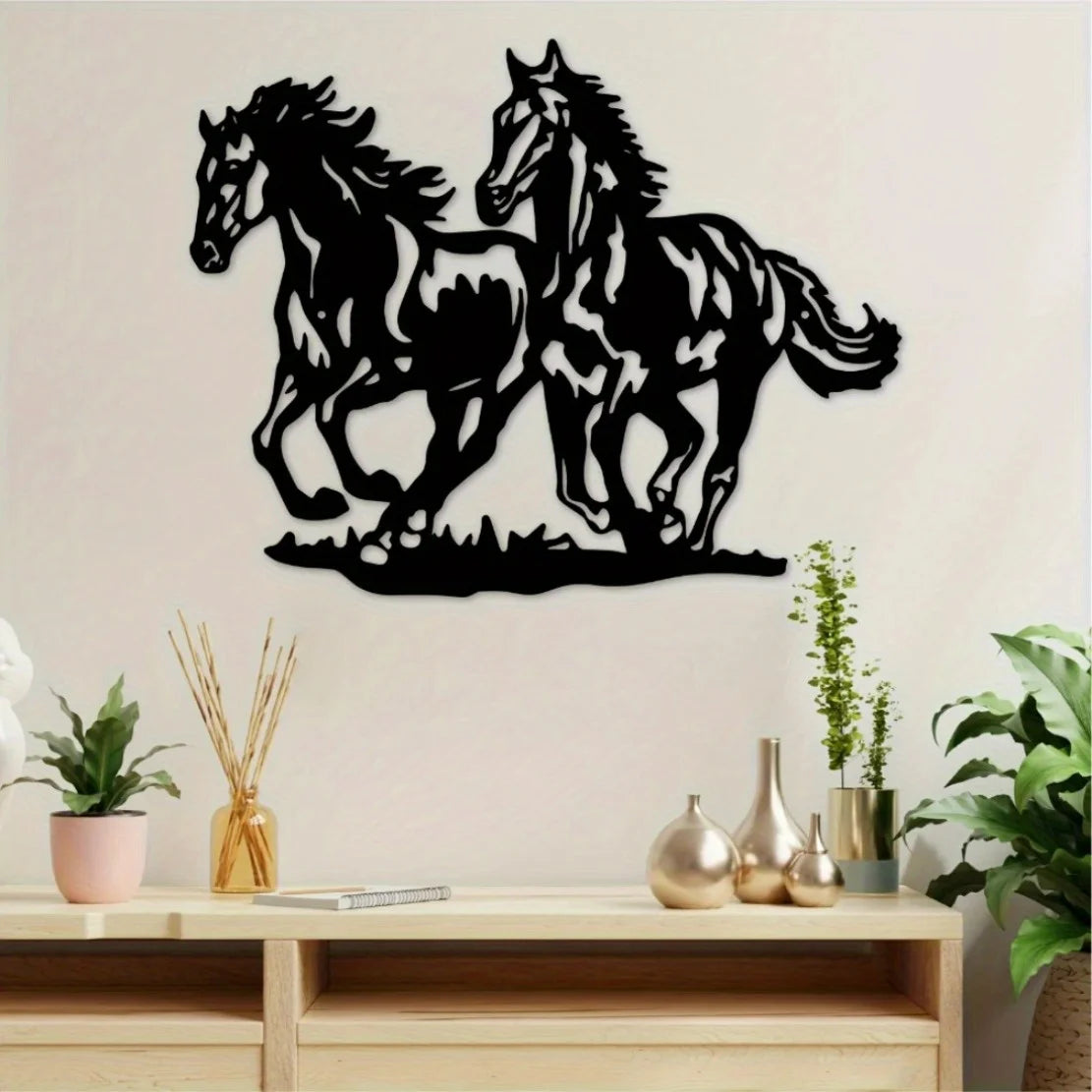 décoration murale métal chevaux noir beige silhouette rustique moderne 23.89cm 30.48cm découpe laser