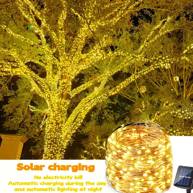 guirlande lumineuse solaire 12m 100led blanc chaud points lumineux uniformes moderne imperméable ip65 festiveextérieur