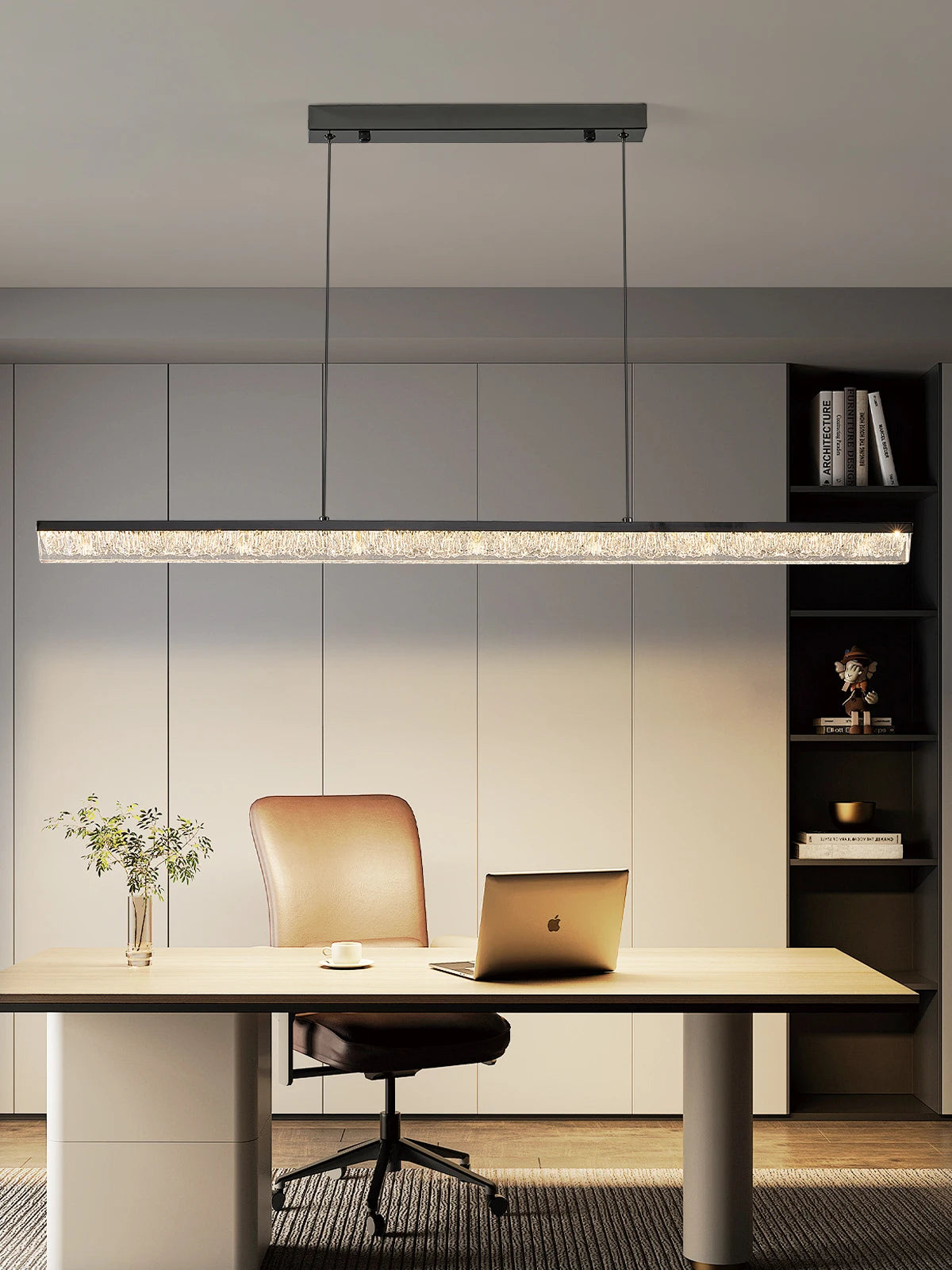 lampe suspendue linéaire moderne noire cristal transparent table salle manger cuisine lustre