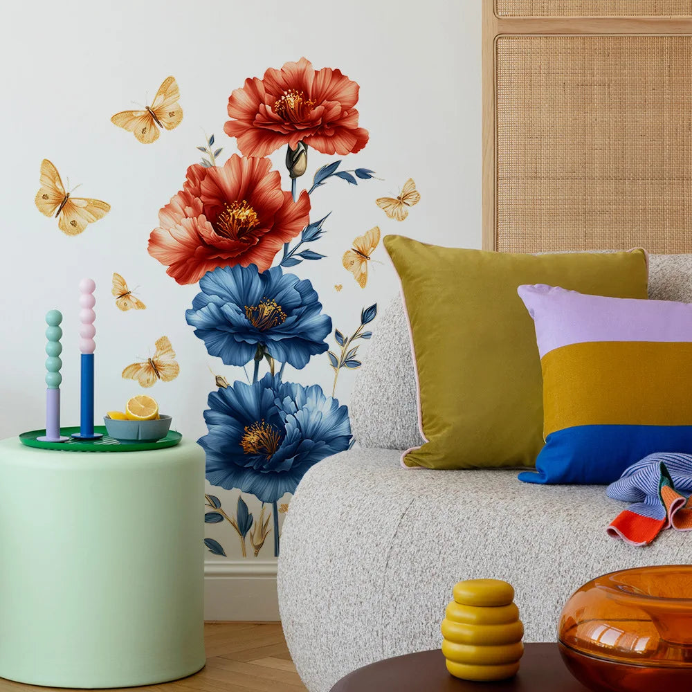 autocollant mural fleurs papillons rouge bleu doré floral résistant l'eau PVC adhésif moderne chambre