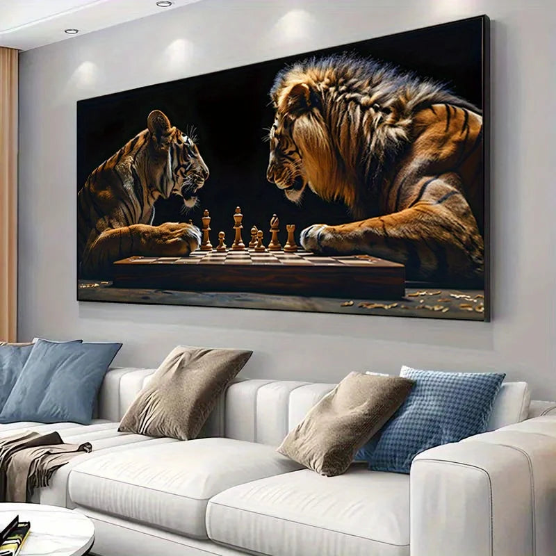 tableau toile tigre lion échecs salon chambre décoration mur moderne animal réaliste