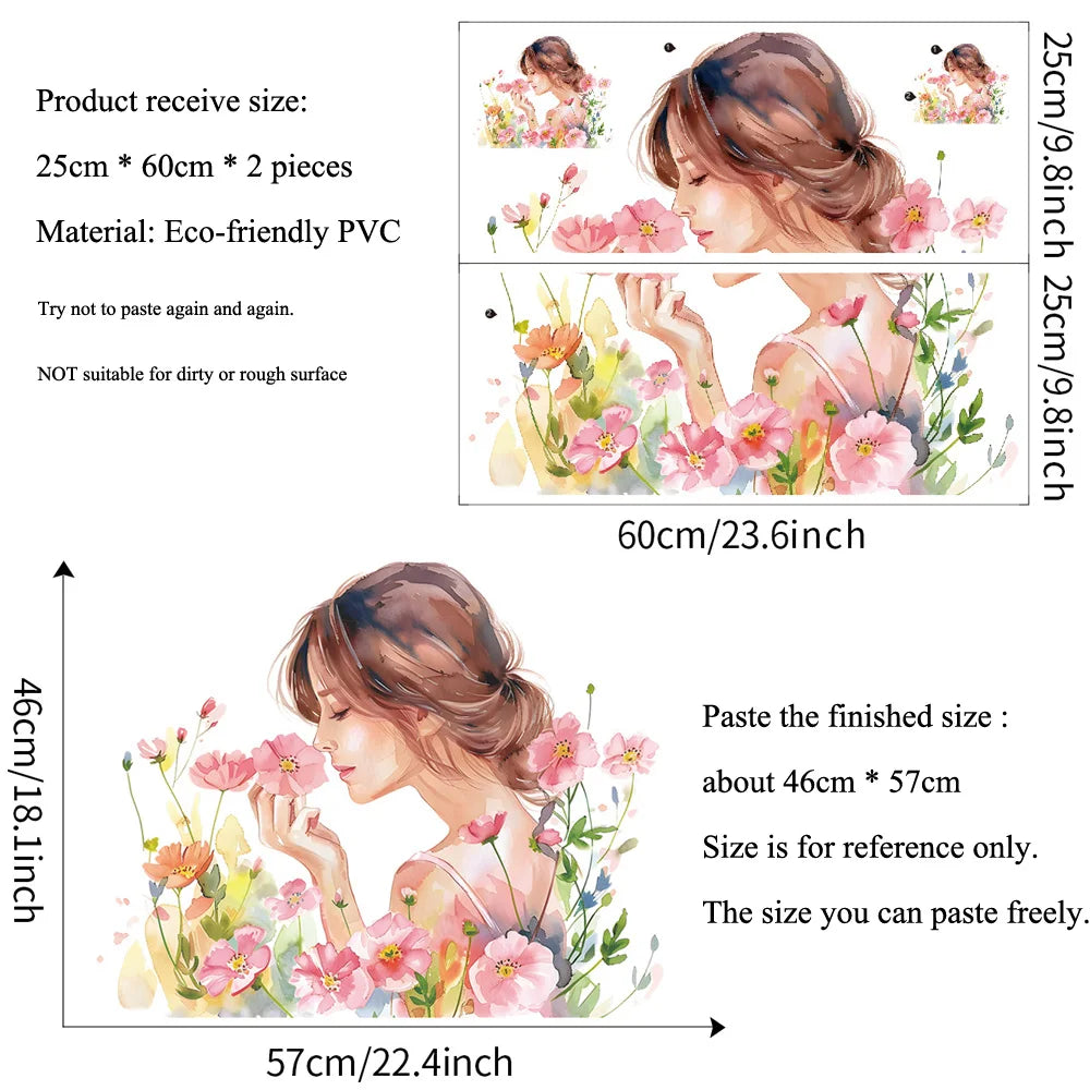 sticker mural fleurs filles peinture aquarelle adhésif moderne chambre rose blanc vert