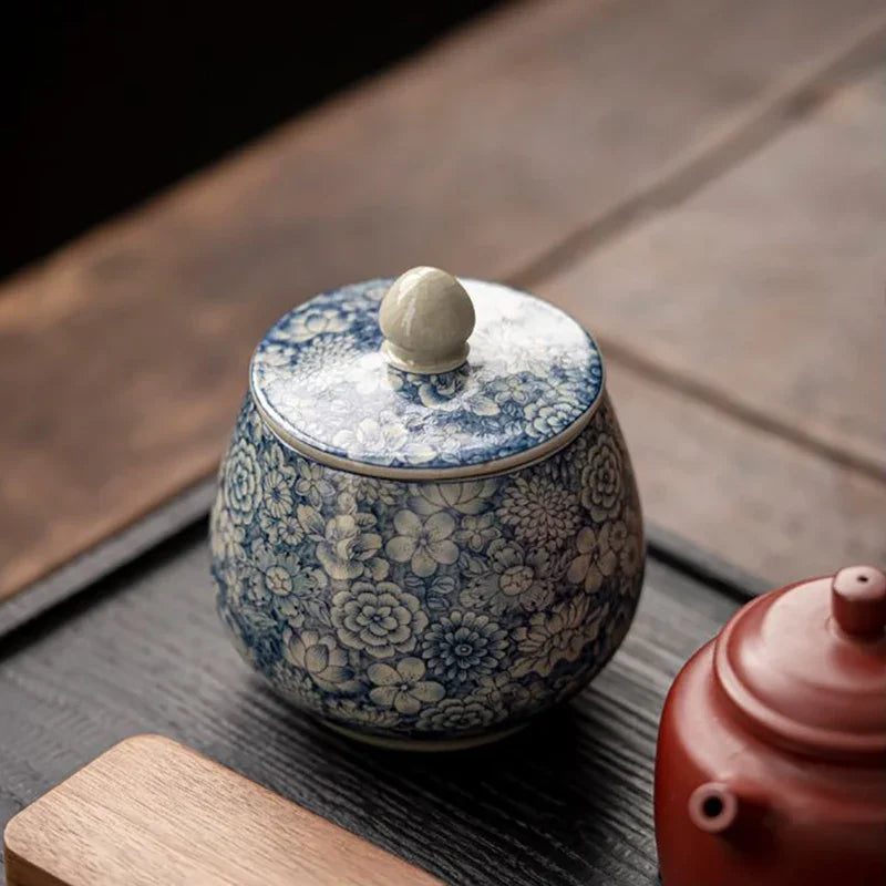 Cache-pot en porcelaine vintage bleu et blanc avec couvercle