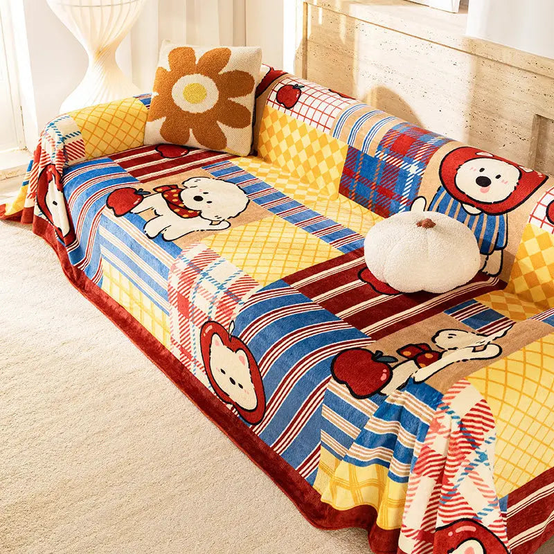housse canapé velours motif cartoon enfantin couverture hiver chaude coussin décoratif assorti