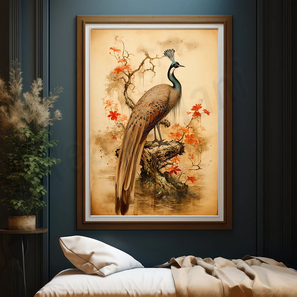 Une belle peinture encadrée représentant un paon perché sur une branche, entouré de fleurs et de feuillage dans une scène de nature.