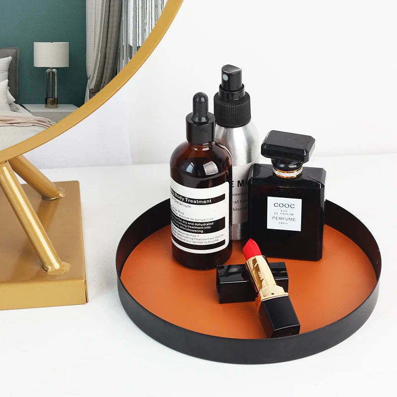 présentoir rond moderne plateau uni vert foncé orange noir maquillage soins parfums cosmétiques table