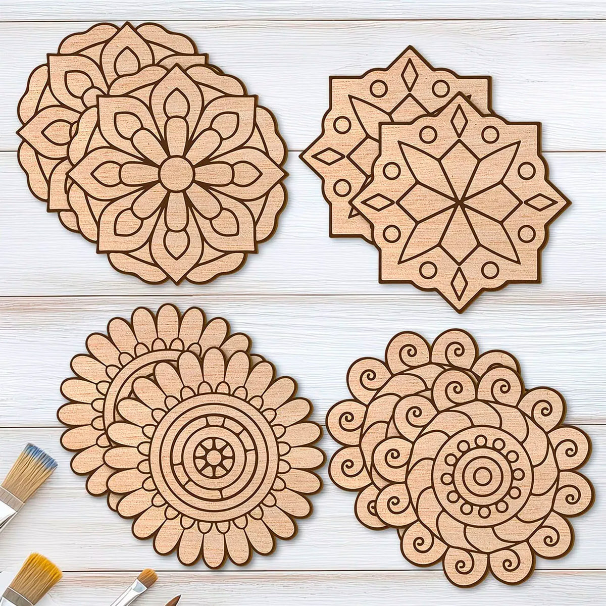 coasters bois naturel mandala motifs floraux artisanal décoratif 10cm 10cm