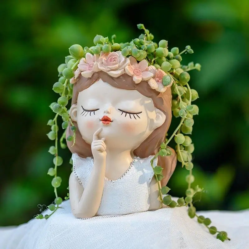 figurines décoratives cartoon fleurs reliefs cheveux stylisés plante succulente verte rose beige