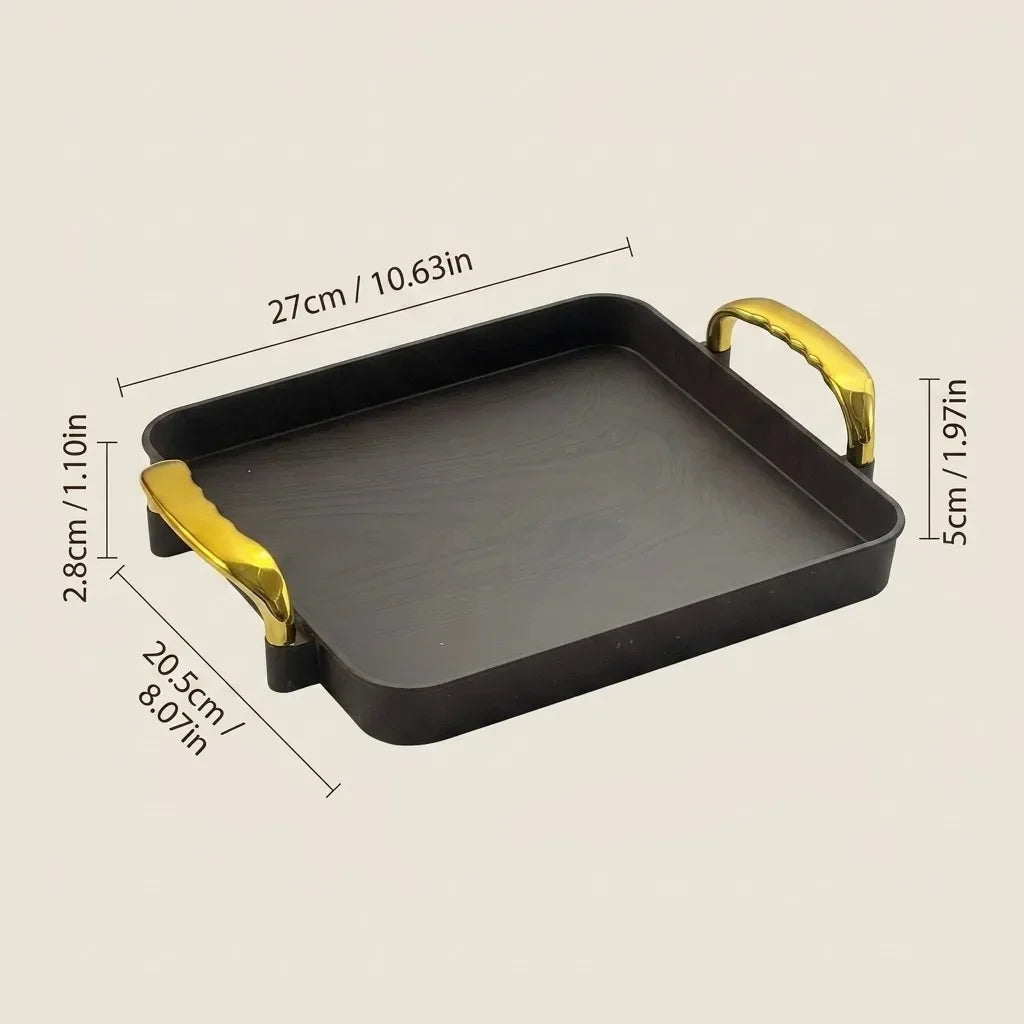 plateau rangement marron bois naturel poignées dorées boîte bijoux pots cosmétiques bouteilles lotions savon