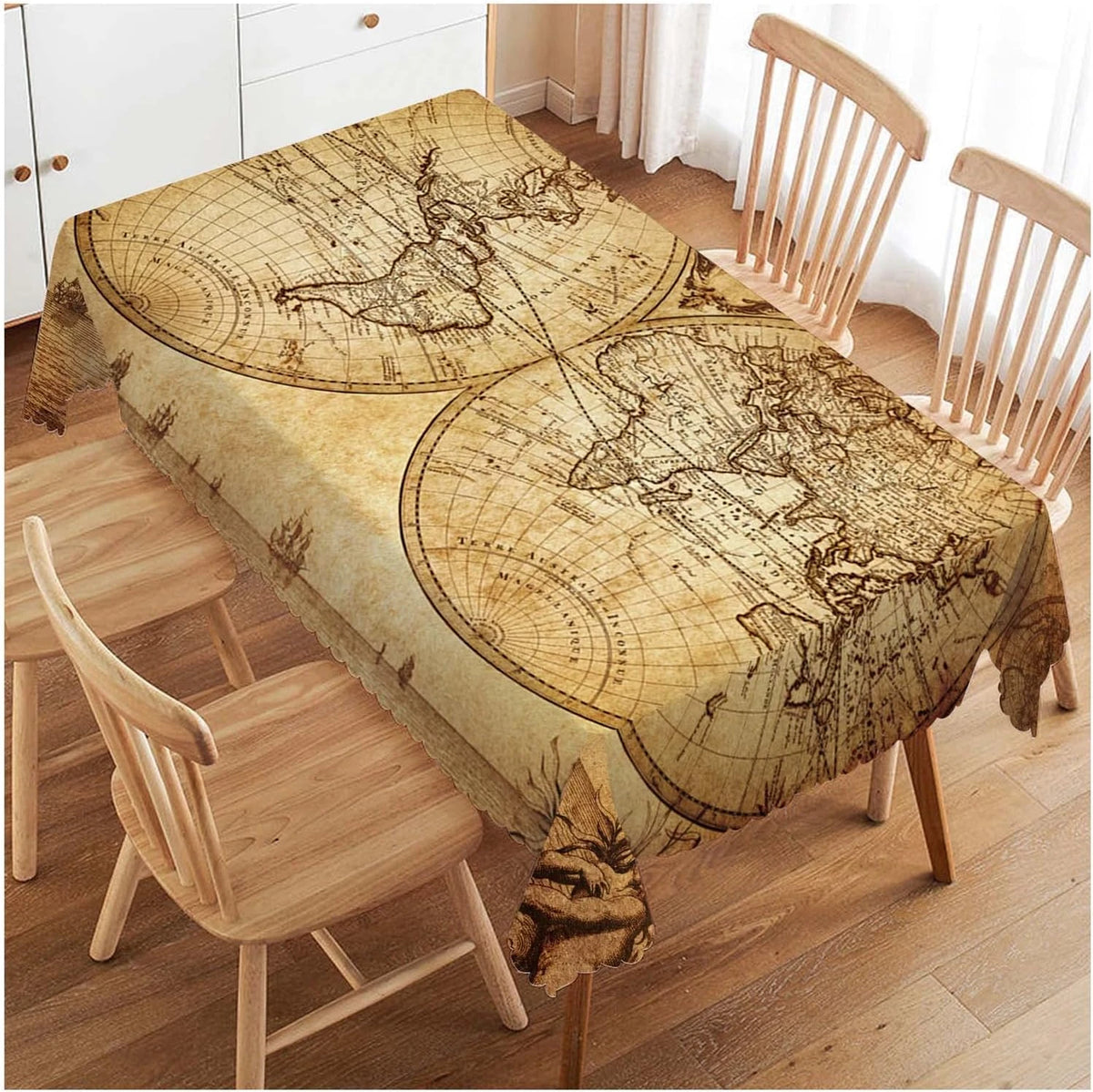 nappe table imperméable carte monde vintage beige marron gravure cartographique réutilisable polyester moderne rectangle
