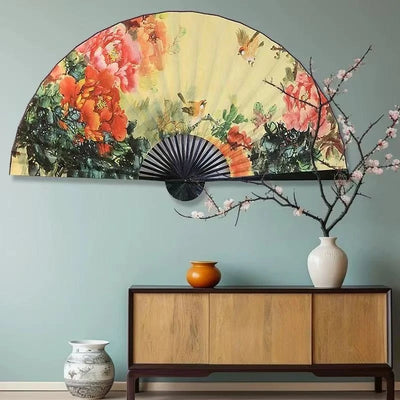 Éventail mural fleurs chinoises vert clair