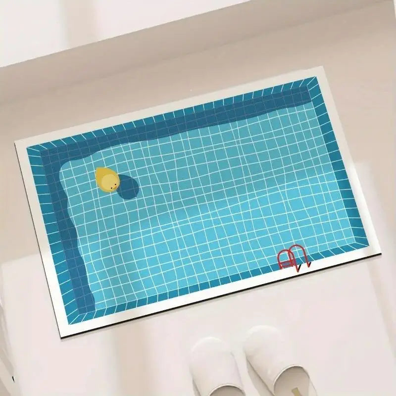 tapis bain moderne motif piscine bleu blanc absorbant rapide séchage décoration salle bain