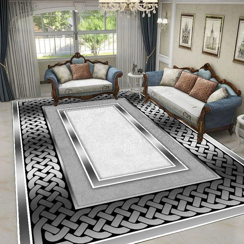 tapis salon motif géométrique beige noir or classique élégant décoration intérieur moderne grand