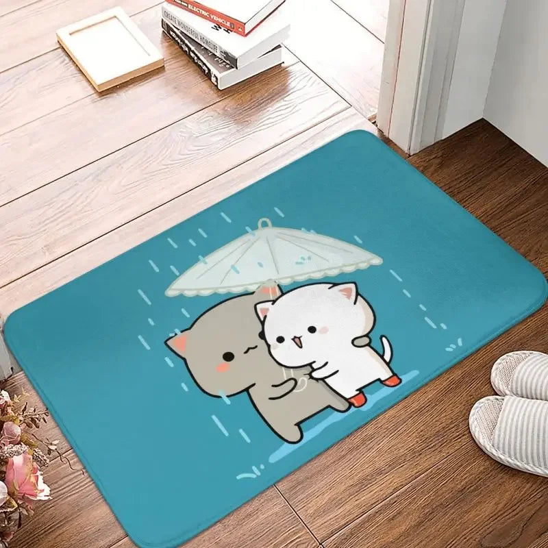 tapis sol moderne motif chat mignon mangeant nouilles rose gris blanc intérieur extérieur
