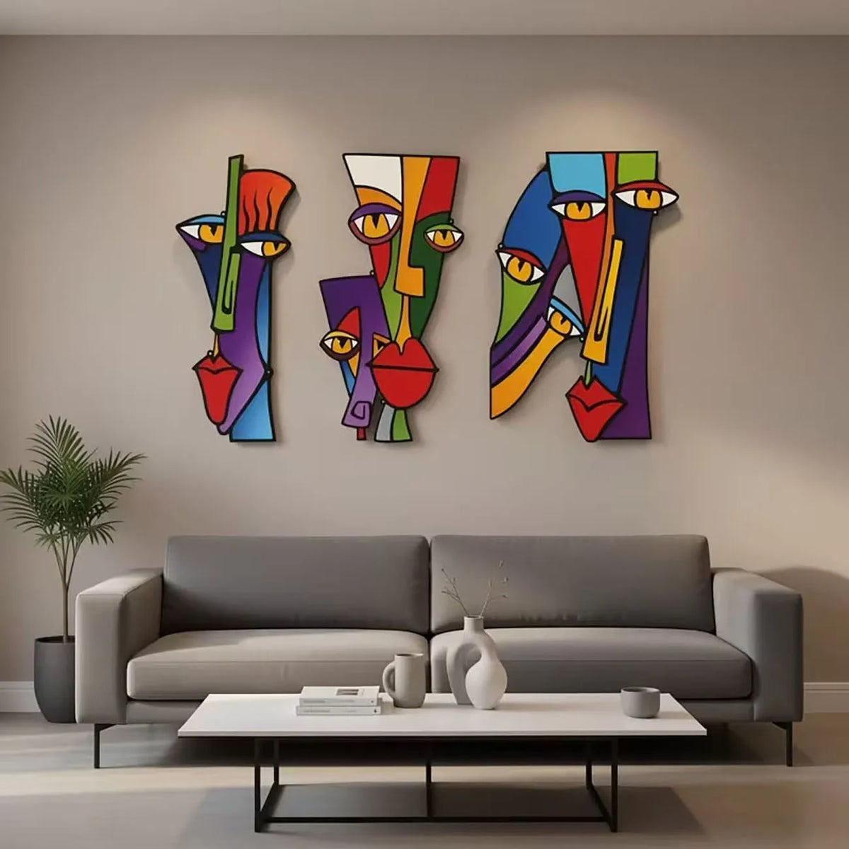 panneaux muraux abstraits multicolores moderne pop art adhésif nano glue bois decoration contemporaine