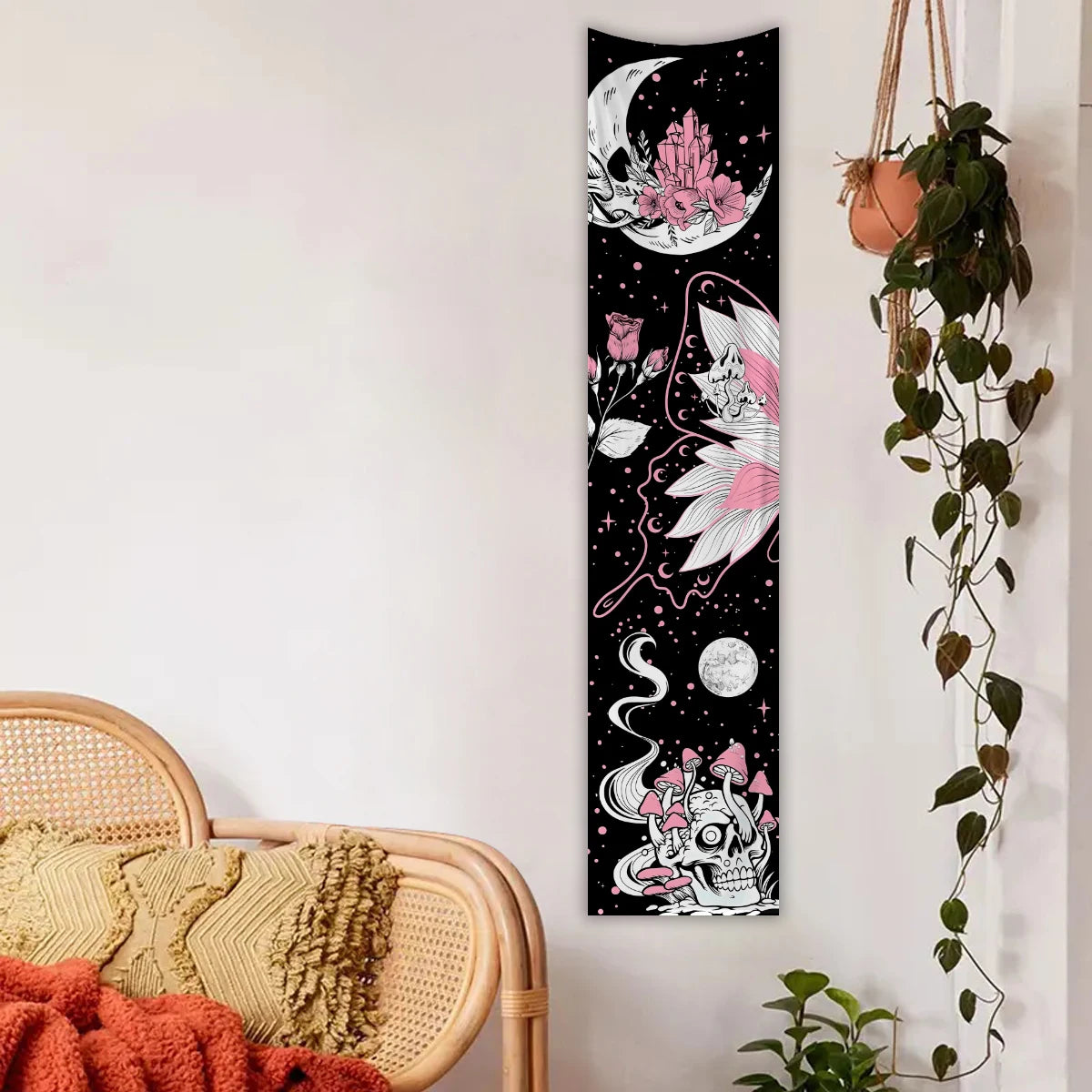 tapisserie moderne fantaisie crânes fleurs papillons oeil lune polyeste noir bleu rose