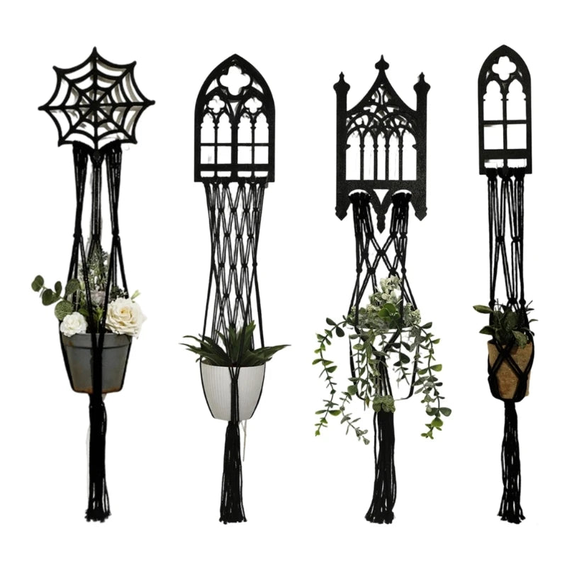 support plante suspendu macramé géométrique noir artisanal moderneintérieur décoration salon balcony