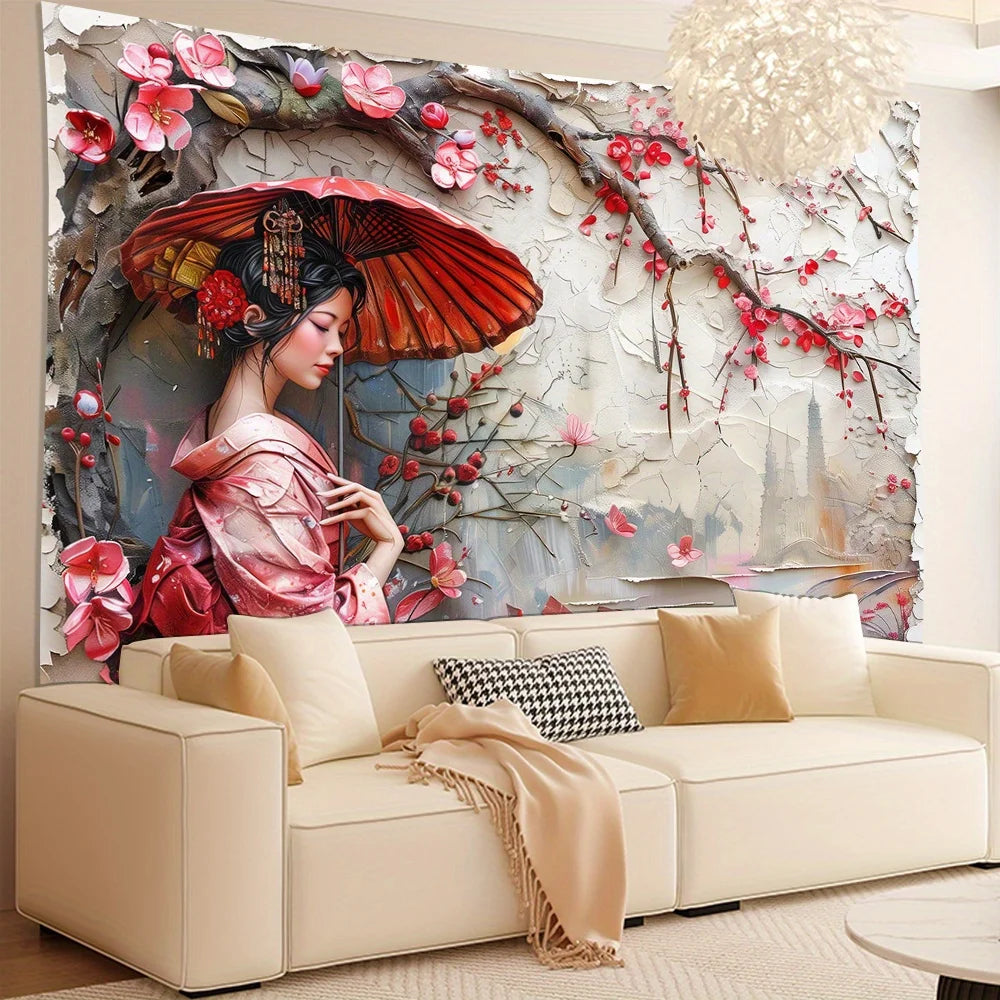 Toile d'art fleurs cerisier femme kimono paysage rouge rose beige gris bleu vert 150X200cm