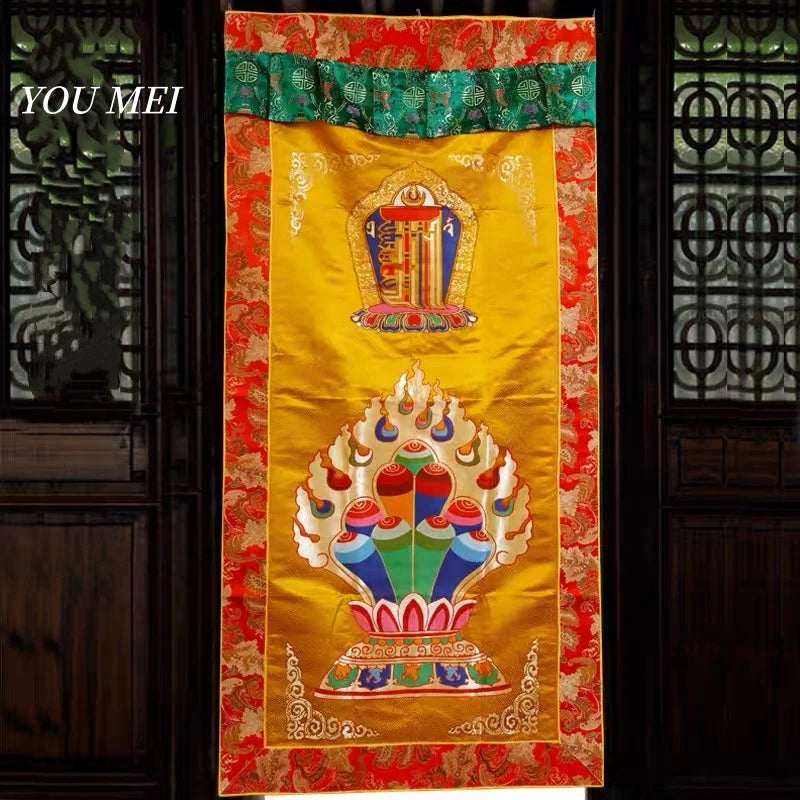 rideau decoratif tibetain brode tissu couleur rouge or floral geometrique pagode opaque maison