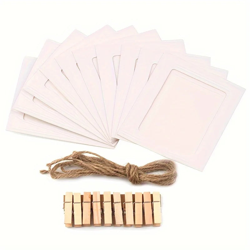 cadres photo carton rustique pinces suspension corde jute décoration murale blanc marron clair farmhouse