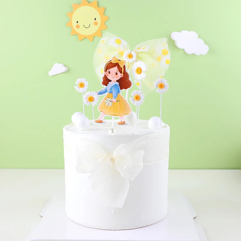 décoration anniversaire mariage figurines dessin animé fleurs rubans transparents piques bleu jaune rose