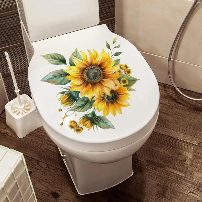 Stickers adhésifs décoratifs fleurs bleu vert jaune toilette salle bain amovibles illustrées réaliste