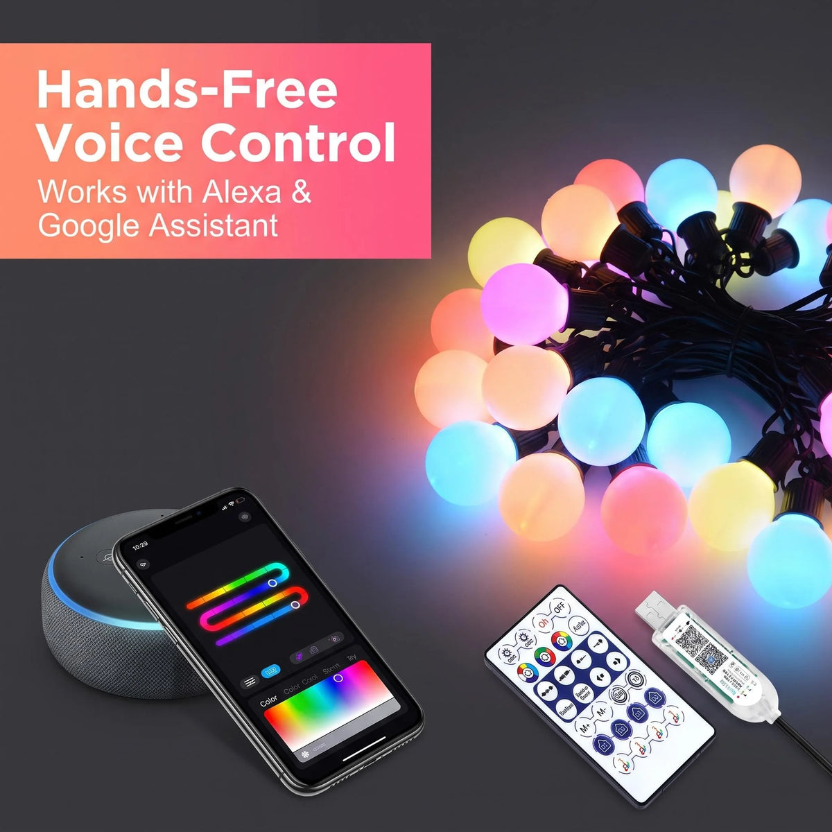 guirlande lumineuse multicolore boules sphériques clips moderne télécommande adaptateur usb alexa google assistant