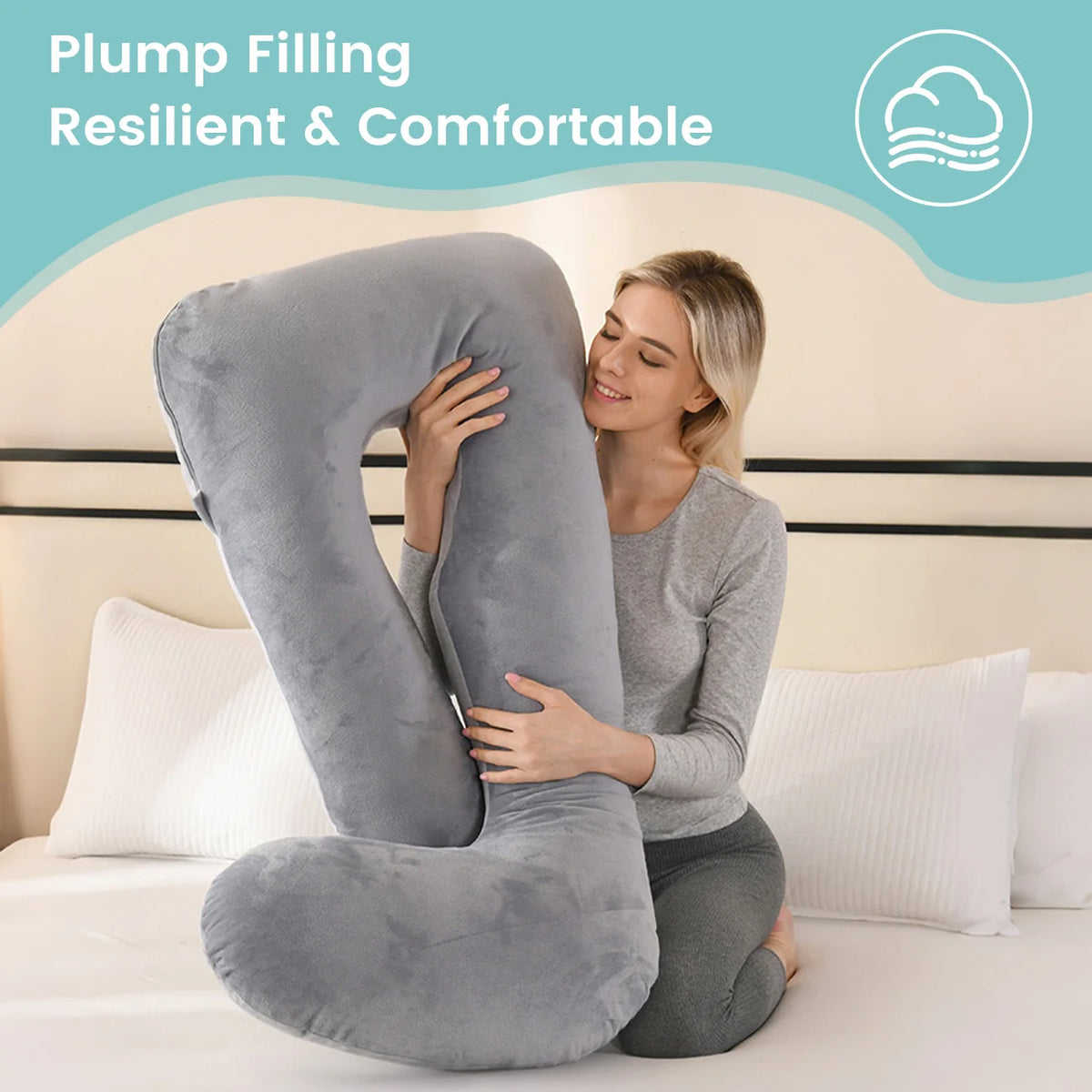 coussin maternité velours doux gris confortable fermeture zip side sleeping allaitement body support lit
