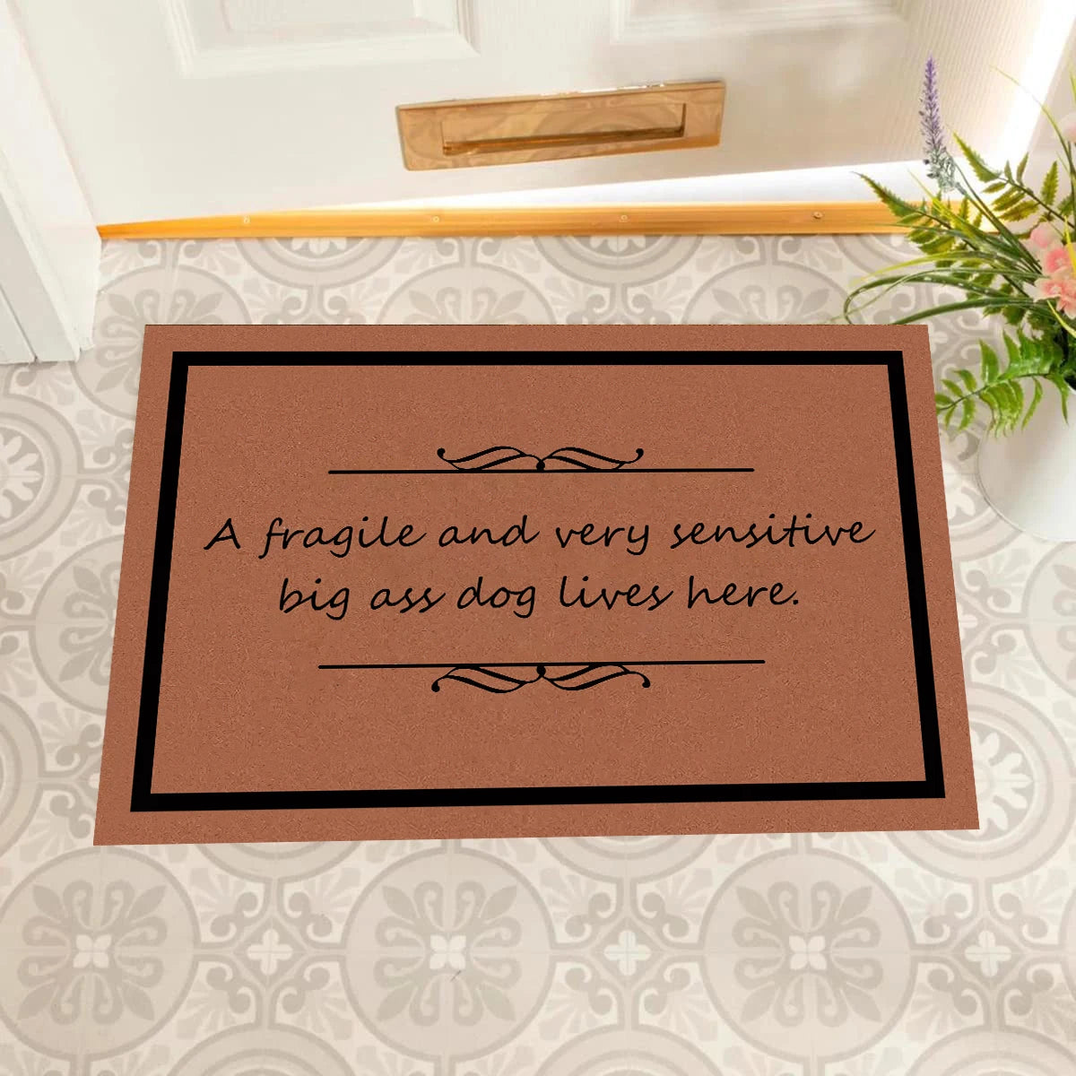 tapis antidérapant caoutchouc marron motif floral humoristique fragile porte sol intérieur extérieur