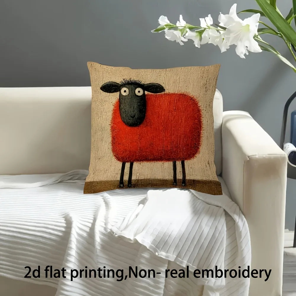 housse coussin mouton noir illustration cartoon zip beige rouge décoration maison 45x45cm