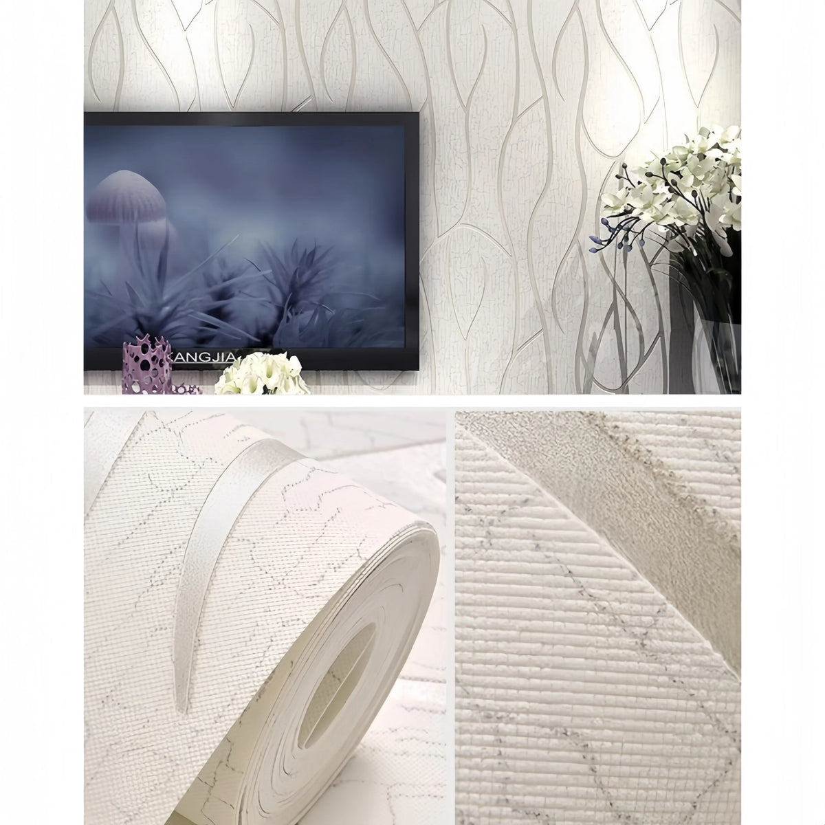 papier peint moderne motifs abstraits feuilles branches blanc argenté salon chambre enfants