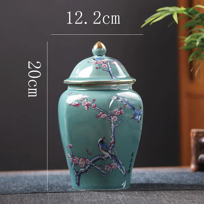 pot thé céramique artisanal fleurs oiseaux peintes main vert clair traditionnel couvercleDecorationMaisonVaseFleurs