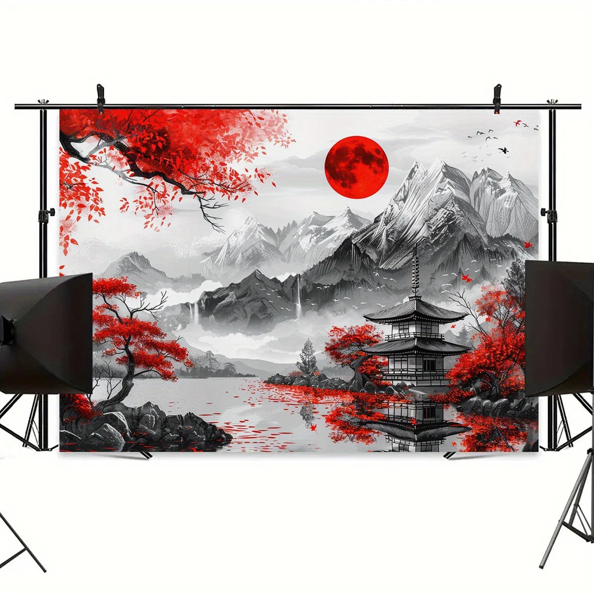 toile d'art paysage oriental blanc gris rouge peinture traditionnelle clips 150x200cm 180x280cm 150x300cm