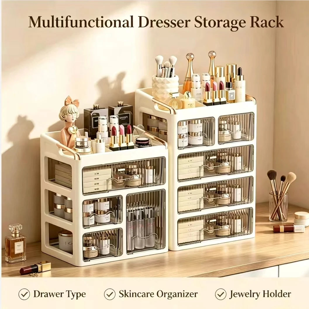 boîte rangement cosmétiques transparentes moderne tiroirs étagères maquillage rouge lèvres bijoux soins peau