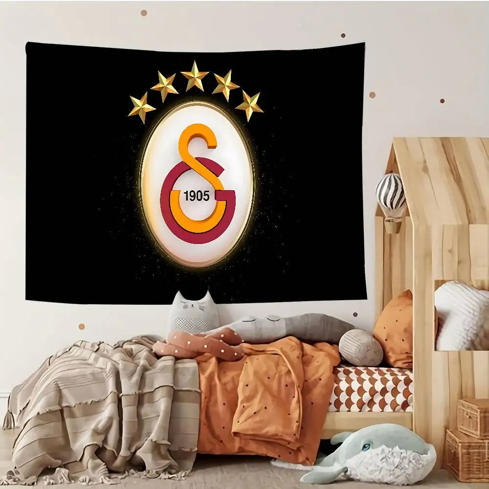 tapisserie murale moderne graphique rouge jaune blanche logo 1905 étoiles clips fixations chambre salon