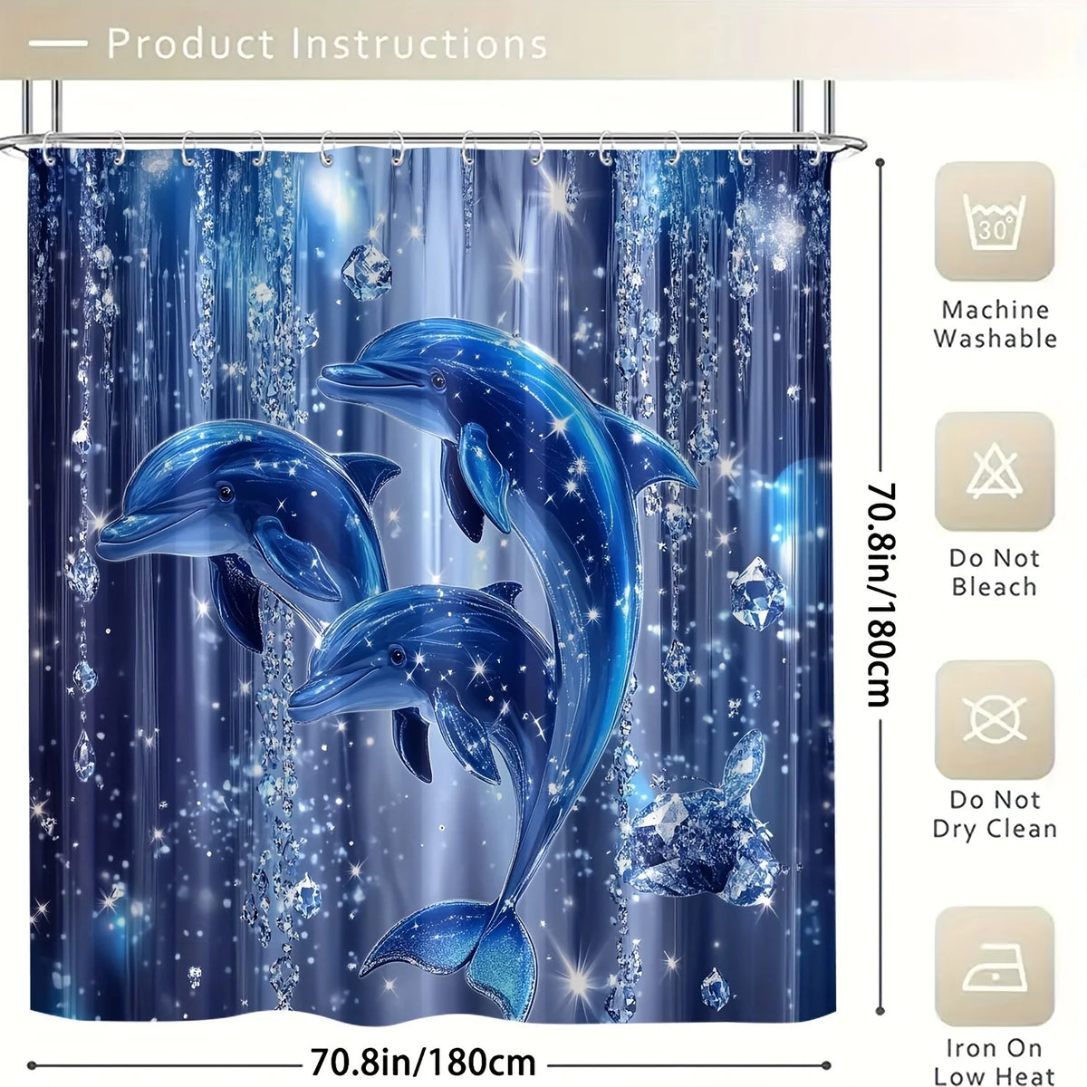 rideau douche dauphins bleus sautant étoiles scintillantes moderne océan bleu profond polyester transparent anneaux