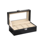 boîte rangement montres cuir noir intérieur beige classique verre transparent compartiments bouton pression