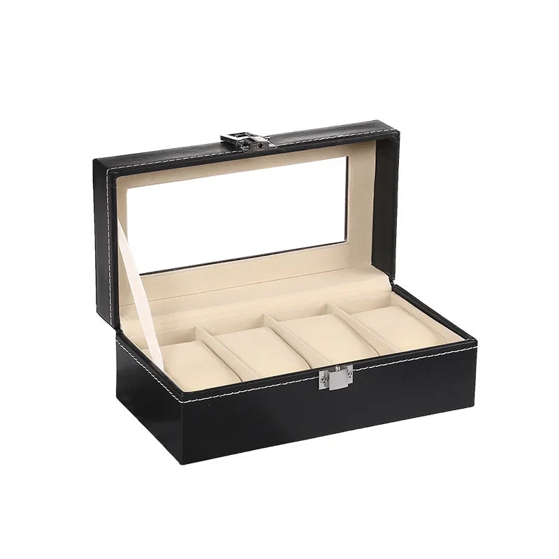 boîte rangement montres cuir noir intérieur beige classique verre transparent compartiments bouton pression