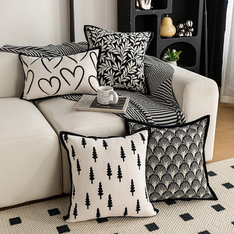 housse coussin décorative carrée motif noir blanc moderne canapé salon maison