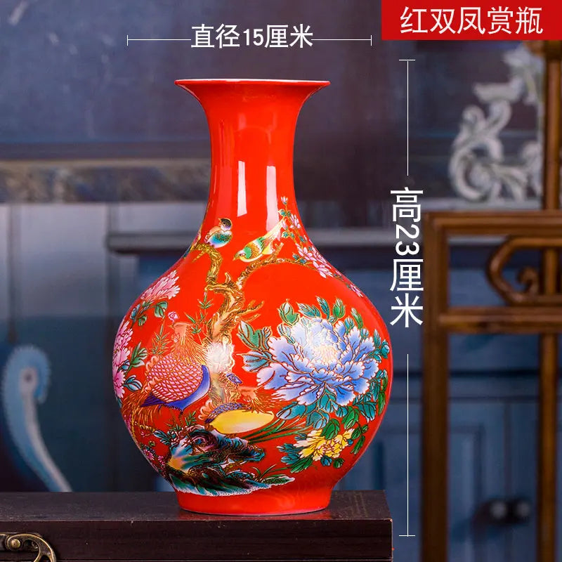 vase porcelaine traditionnel fleurs oiseaux jaune rouge bleu maison