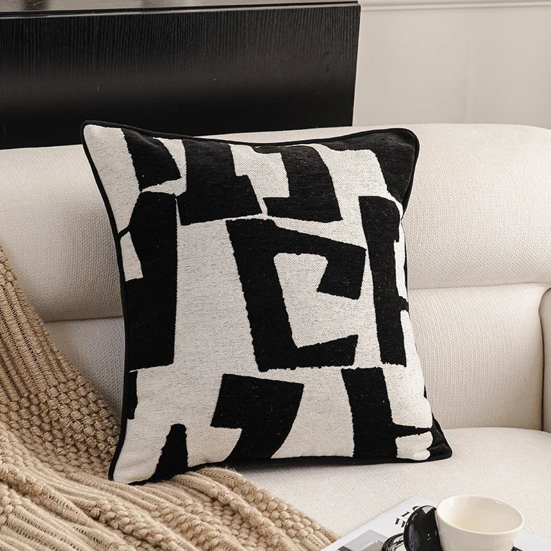 housse coussin polyester géométrique jacquard noir blanc moderne salon décoration