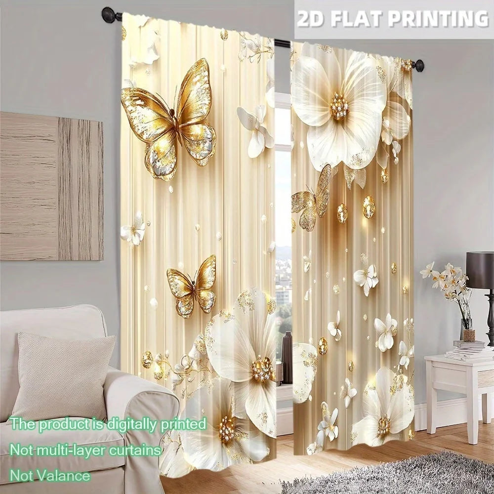 rideau imprimé papillon doré moderne élégant résistant l'eau 100% polyester beige doré blanc fleurs