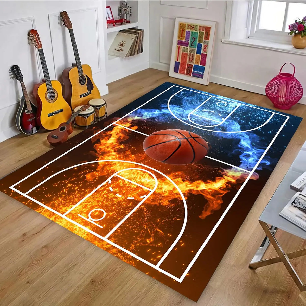 tapis sol décoratif motif terrain basket football sport moderne chambre salon maison