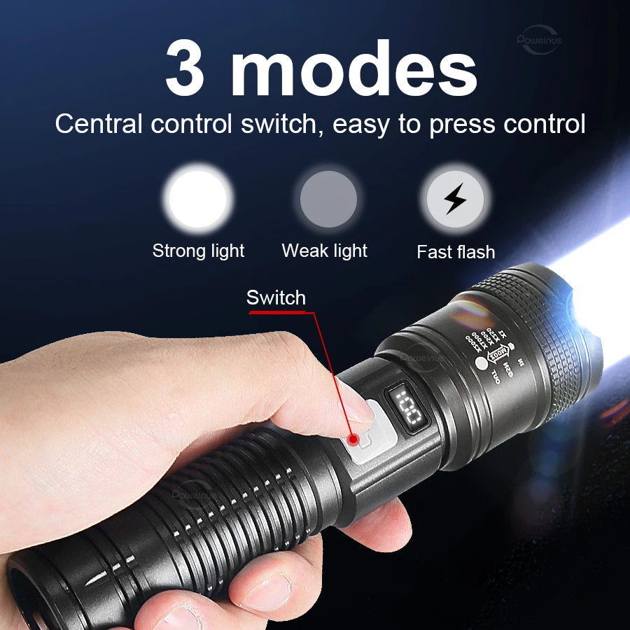 lampe torche led rechargeable usb zoom intense résistance chocs banque alimentation affichage oled noir